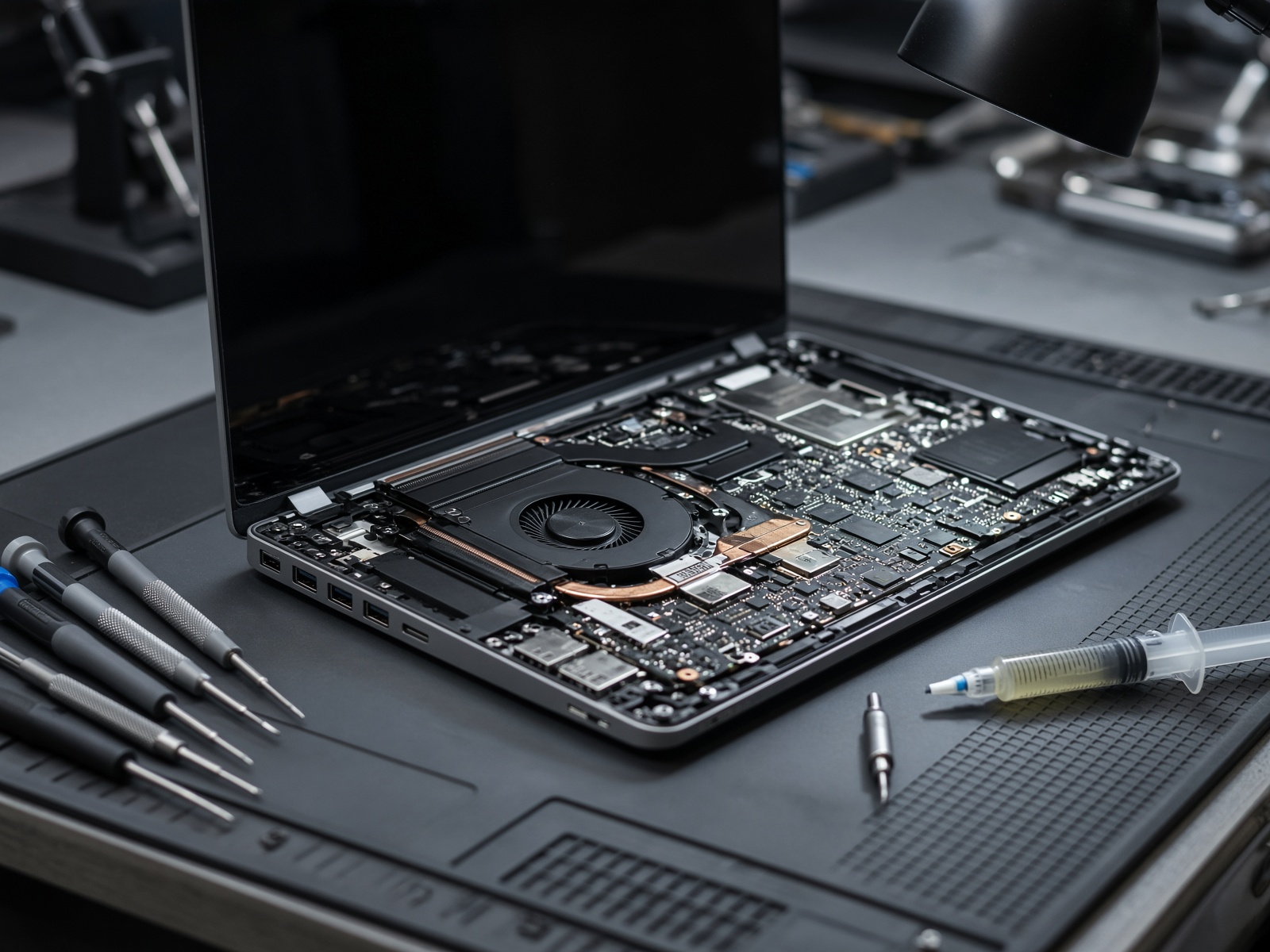 Bancada de conserto de notebook com placa-mãe exposta